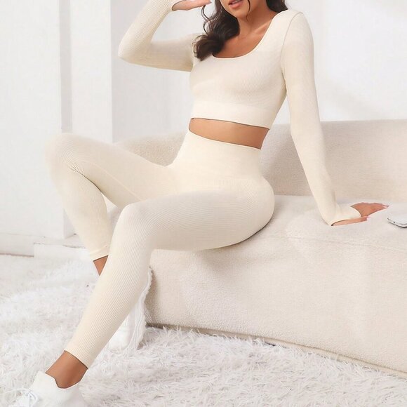 BEIGE Women's Sport Two Piece Seamless High Stretch Sports Tee & Leggings - Picture 1 of 6